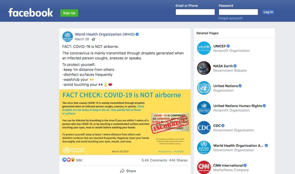 COVID-19 is not airborne (WHO Facebook)